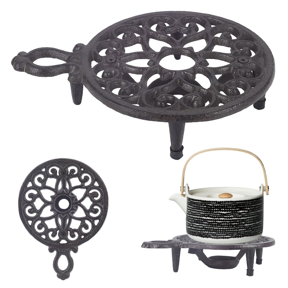 AHANDMAKER Tetera de hierro fundido, tazas, tazas, posavasos de forma redonda, diseño con portavelas de tealight, tetera de metal rústico, base de calefacción para comida caliente, café, leche o té