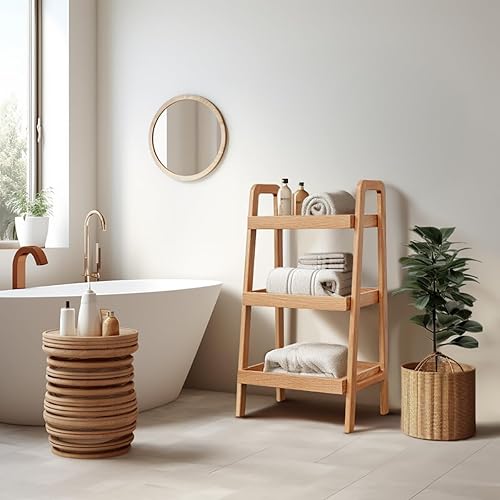 Miniatura 5 de Estante de escalera de 3 niveles de madera de roble macizo, estantería pequeña, estantería de escalera, mesa auxiliarauxiliar para sala de estar,