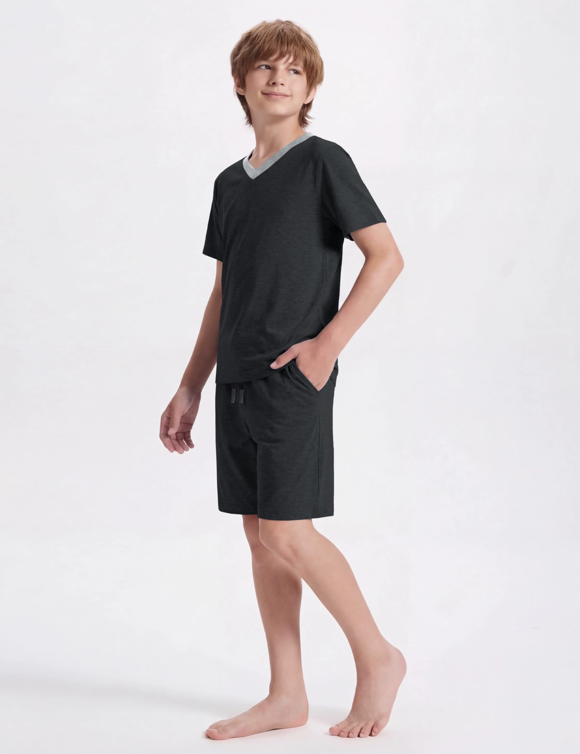 MoFiz - Pijama de niño de algodón con conjuntos de pijama corto, ropa de dormir con cuello en V, manga corta, pijama y pantalones cortos, 128 cm a 176 cm - 2