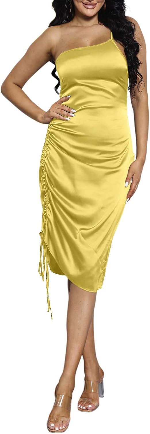 Women's Satin Dress Spaghetti Strap Drawstring Ruched Cocktail Evening Party Night Club Dresses - Image 2
