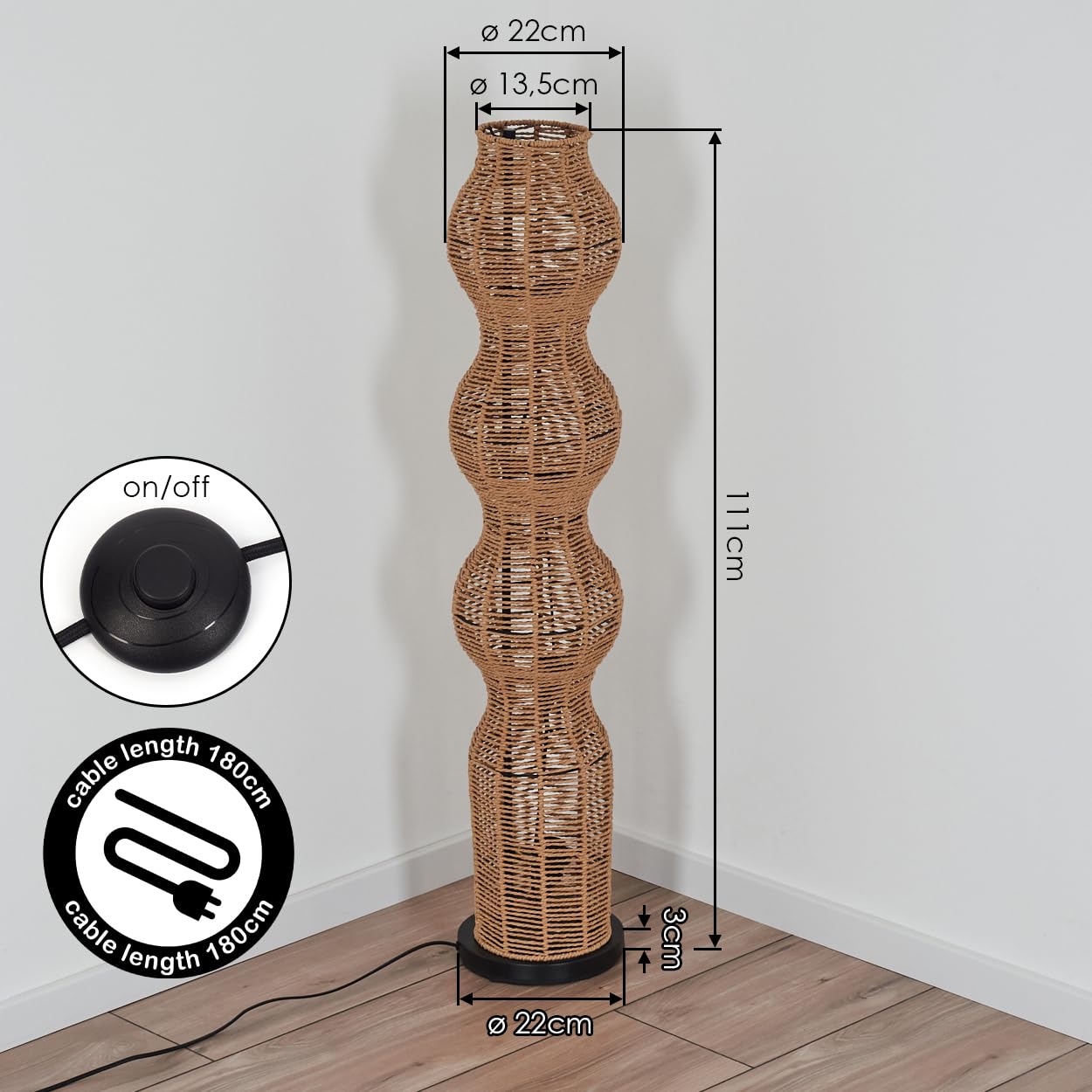 Lámpara de pie HOFSTEIN Cardeira, de diseño escandinavo, estilo boho con pantalla de ratán natural y efecto luminoso, E27, altura 111 cm, interruptor de pie - salón, dormitorio, comedor, pasillo