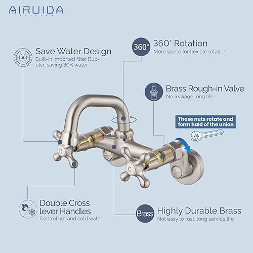 Miniatura 7 de Airuida Grifo de cocina de montaje en pared de níquel cepillado de 4 pulgadas (3.9 in) con boquilla de alcance de montaje en pared, grifo de