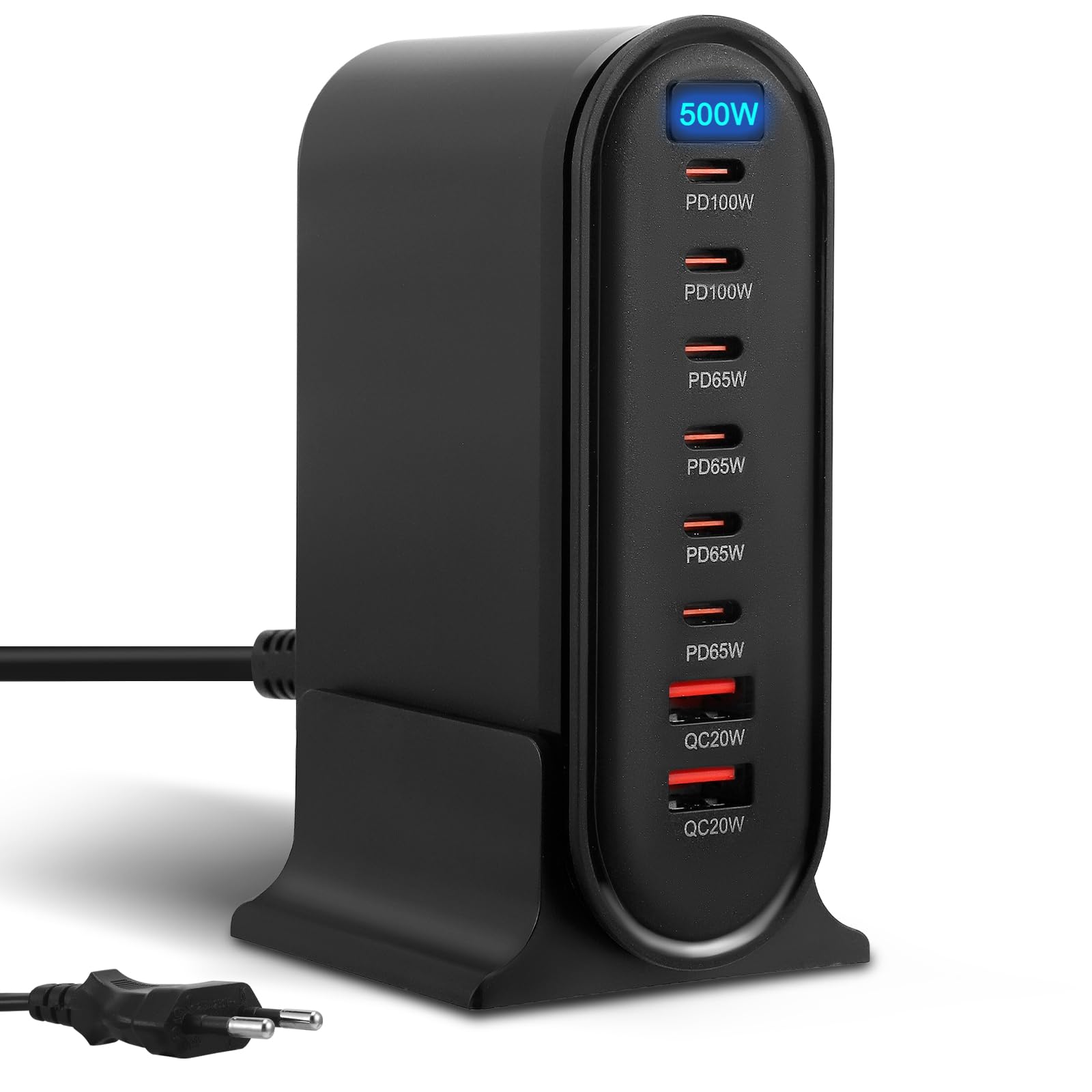 500W Caricatore USB Multiplo, 8 Porte Stazione di Ricarica Veloce Caricabatterie USB C PD PPS 100W Alimentazione Rapido per Laptop Telefono Cellulare