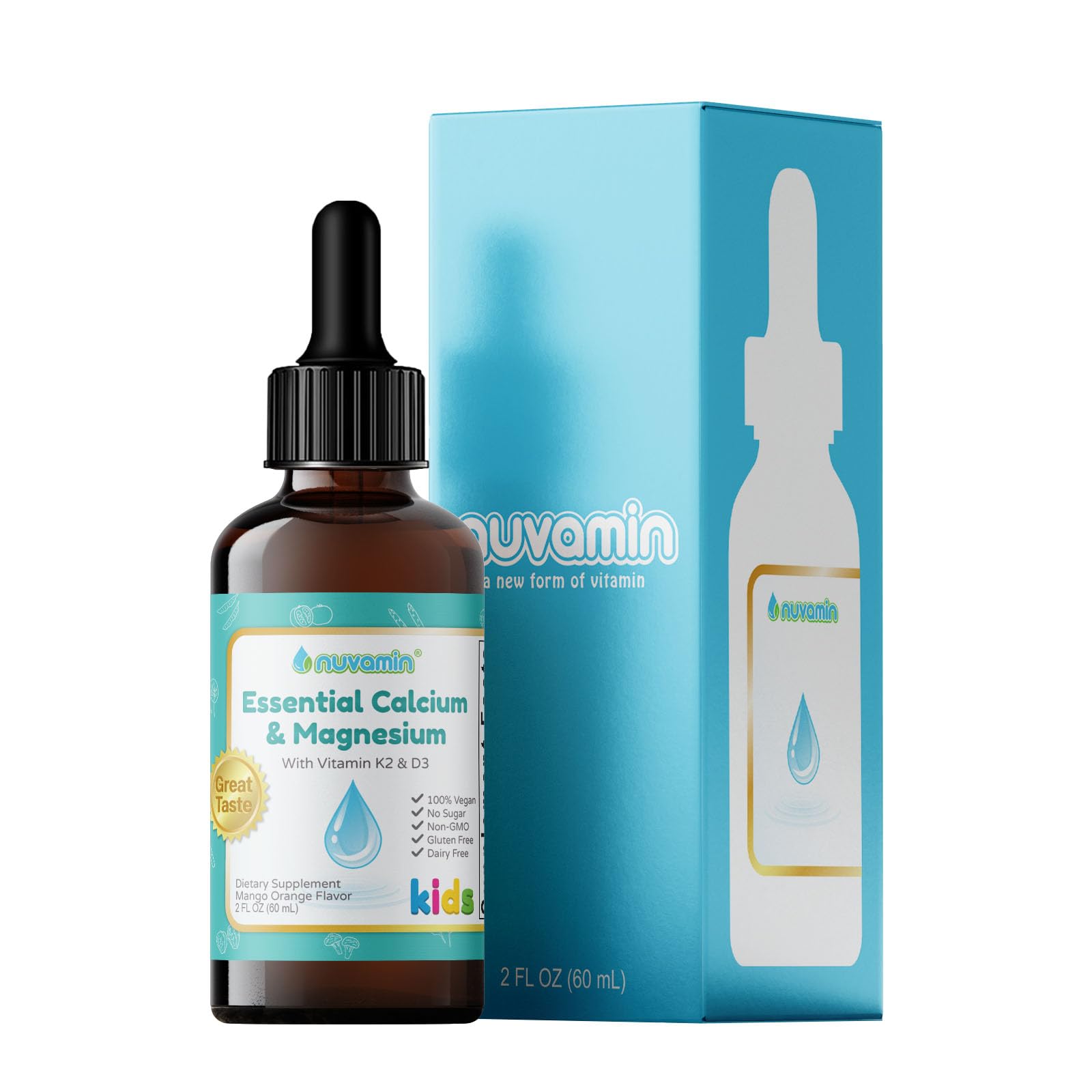 Nuvamin – Liquid Calcium & Magnesium Drops for Baby, Toddlers, Kids, & Adults, 2Fl.Oz (60ml), 30 Daily Servings. Great Taste - All Natural - Vegan - Superior Absorption