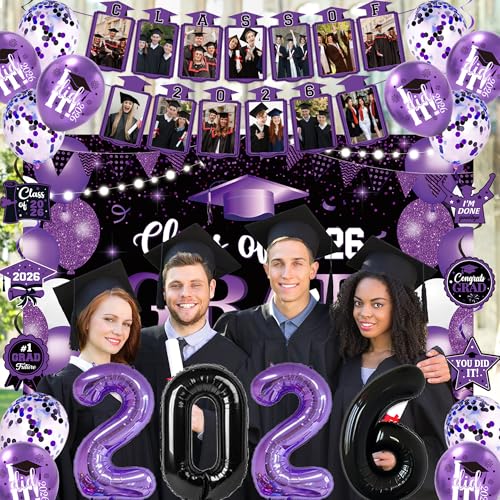Image of Holkcog 2026 Graduation Decorations, Purple Themed Class of 2026 Congrats Graduation Backdrop, Balloons, Honeycomb ornament for Graduation Party Decorations, Outdoor Indoor Grad Party Decor Supply