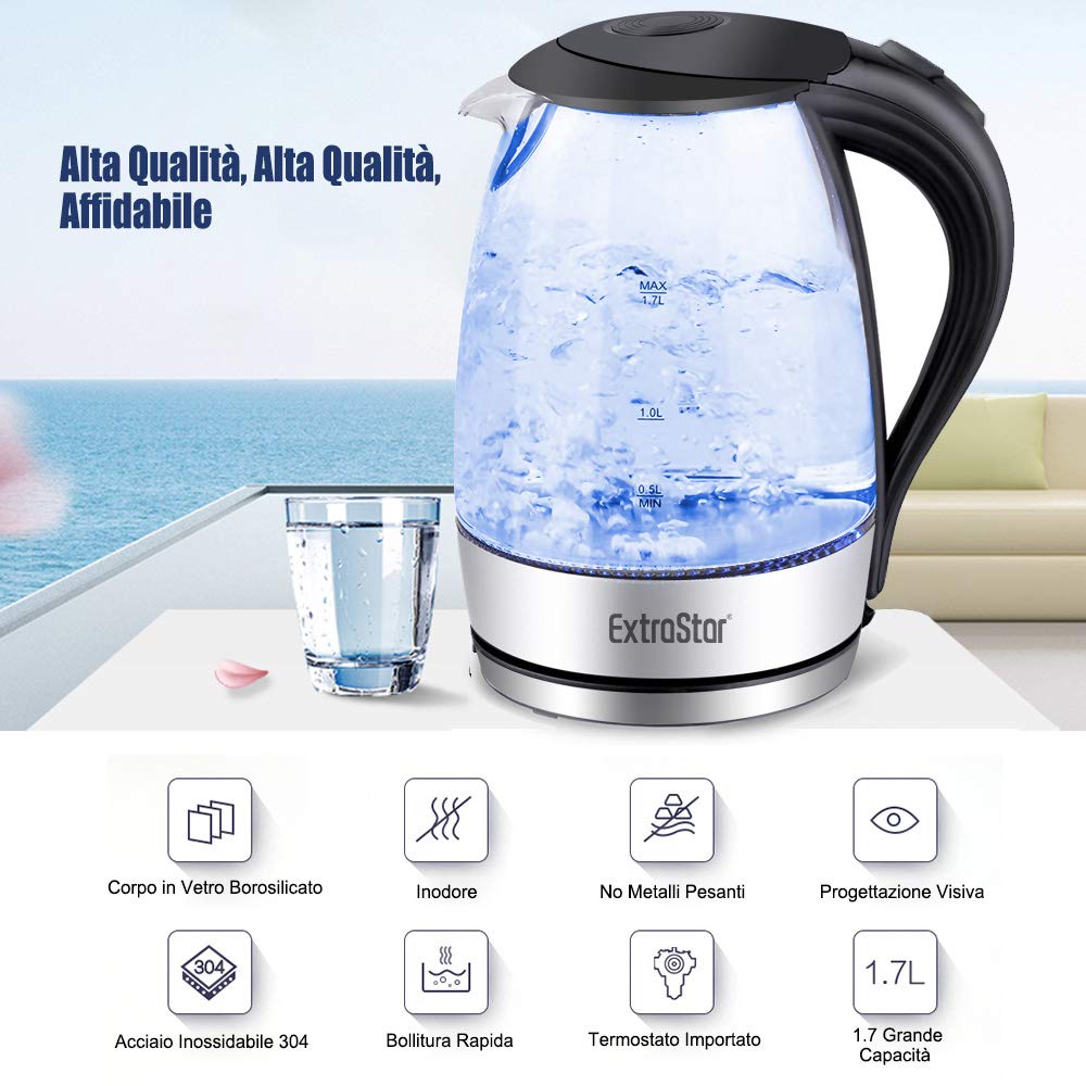 EXTRASTAR Hervidor de agua eléctrico, hervidor con luz indicadora LED azul, hervidor eléctrico sin BPA con apagado automático y protección contra ebullición en seco Acero Inoxidable 1.7L