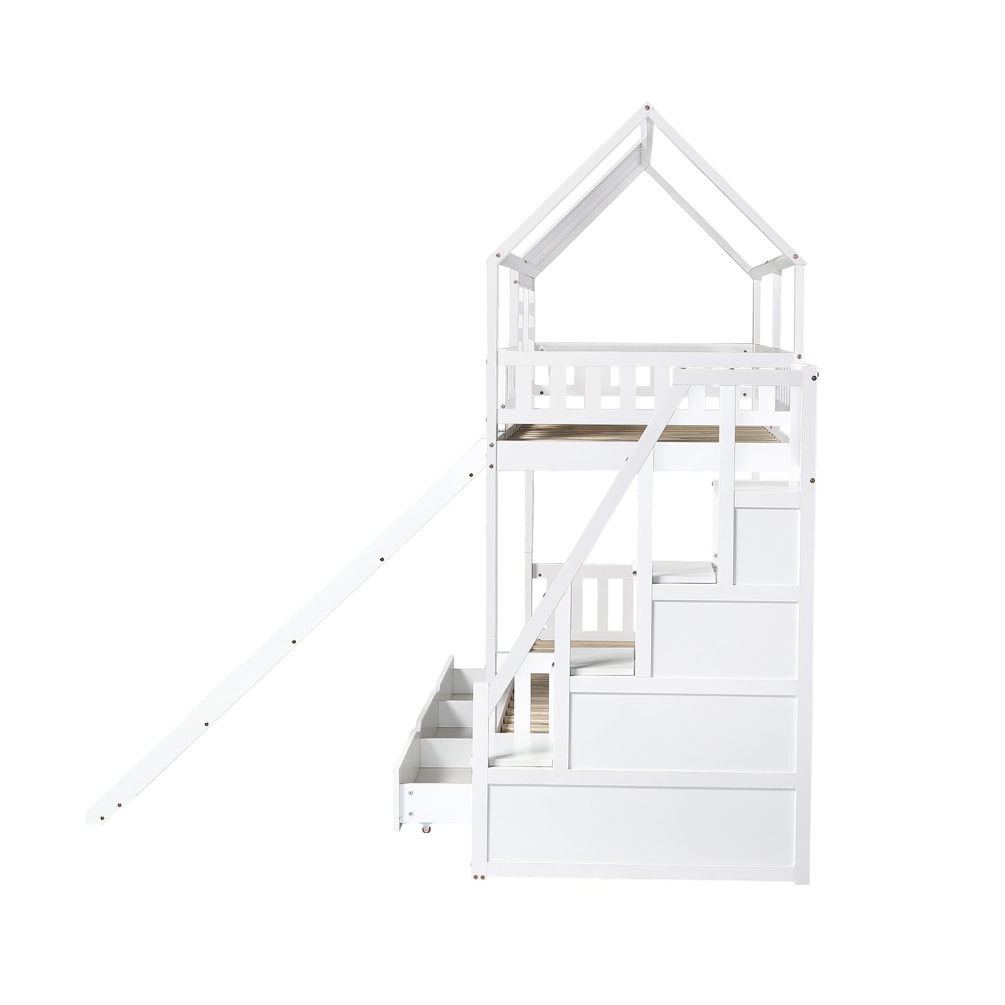 Zravenna Hoogslaper 90x200, huisbed met trap, stapelbed met valbeveiliging en rooster, bedframe van massief grenen, wit (wit-1, 90x200cm