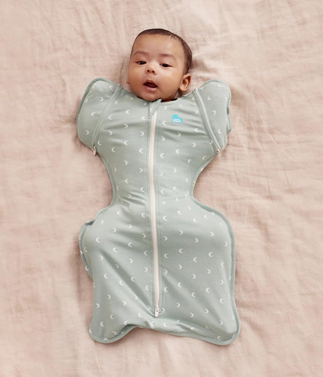 Love to Dream Swaddle Up Transition Bag Original, Arms Up Position, Light and Ultra Breathable Cotton - Sleep Bag - 1.0 TOG - (20-24°C) Ideal for Moderate Temps (Moon Olive, Medium, 6–8.5kg)