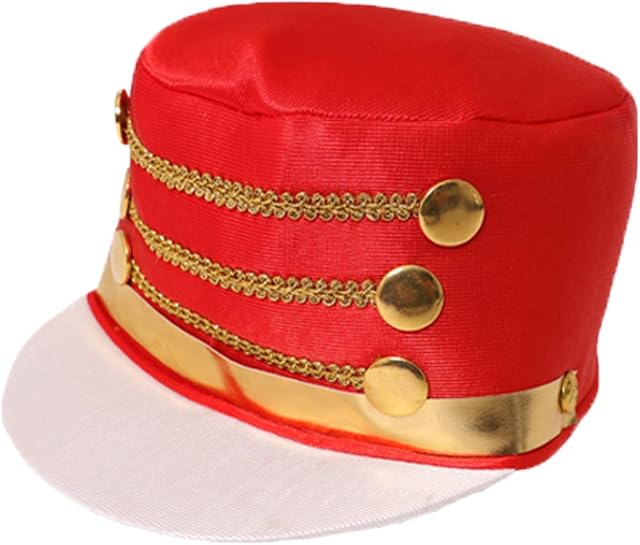 RED MAJORETTE HAT FOR WOMEN - TALL RED TOY SOLDIER HAT WITH WHITE PEAK, GOLD BUTTONS, AND DETAILING - CHRISTMAS NUTCRACKER CHEERLEADER FANCY DRESS ACCESSORY - ONE SIZE
