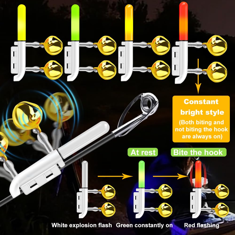 5 Pièces Detecteur de Touche Peche Carpe avec Lampe à LED Deux Cloches, Detecteur Carpe avec Chargeur et Batterie, Bipeur Peche Carpe, Détecteur de Touche Carpe pour La Pêche de Nuit