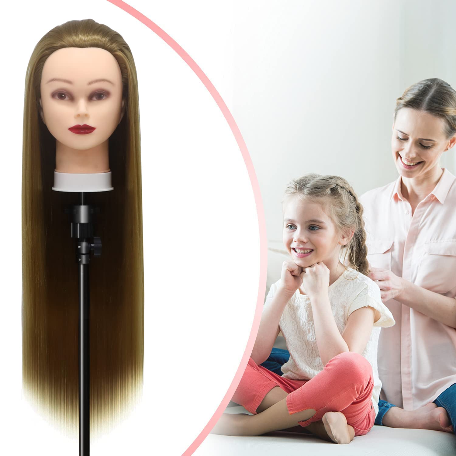 Trainingsköpfe, 28 inch Frisierkopf für Frisöre 100% Synthetikfaser-Haar Übungskopf,mit DIY Stricken Kit und kostenlose Tabelle Clips (27#)