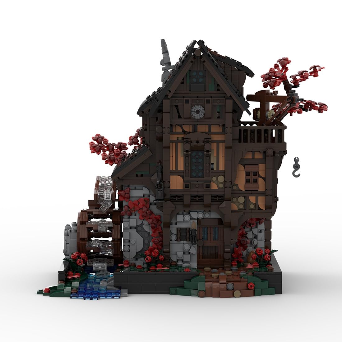 Mittelalterliche Schmiede Klemmbausteine 2717 Stück Wasserradmühle Gebäude MOC Haus Spielzeug Set für Erwachsene Kompatibel mit 21325, MOC-214249