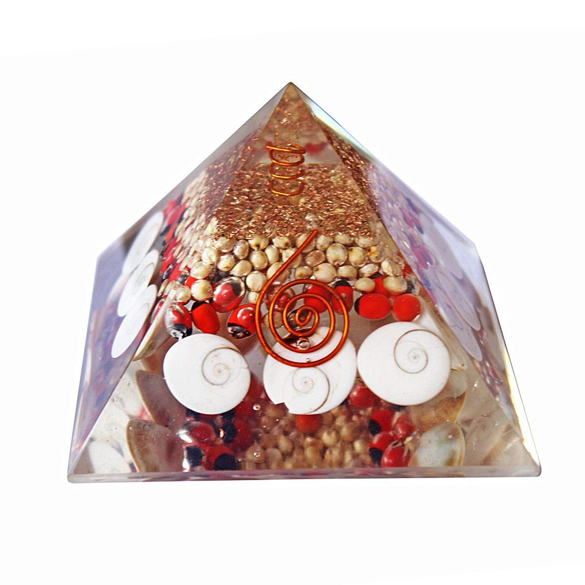 Shubhanjali Reiki Stones Chirmi Orgone Pyramid,Orgone Pyramid with Red & White Chirmi Seeds