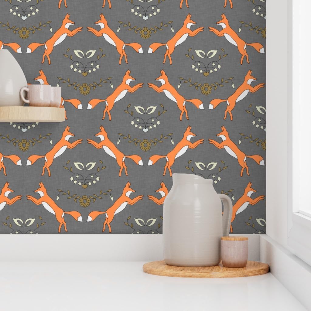 Peel & Stick Wallpaper 3ft x 2ft - Small Fox Orange Gray Floral Spring Custom Removable Wallpaper by Spoonflower