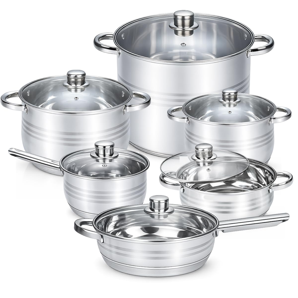 HOMSMYTH 12 Pcs Stainless Steel Pots and Pans Set - Induction Compatible Cooking Pots & Pans with Glass Lids - Casserole, Frypan, Saucepan, and Stockpot Set Dishwasher Safe Kitchen Cookware Set