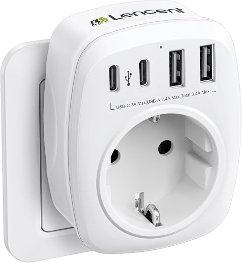 LENCENT USB Steckdose Mehrfachstecker EU Adapter 5-in-1 Steckdosenadapter mit 3 USB Ladegerät Anschlüße 2,4A, 1 Typ-C Port 3A, Wand Steckdose…