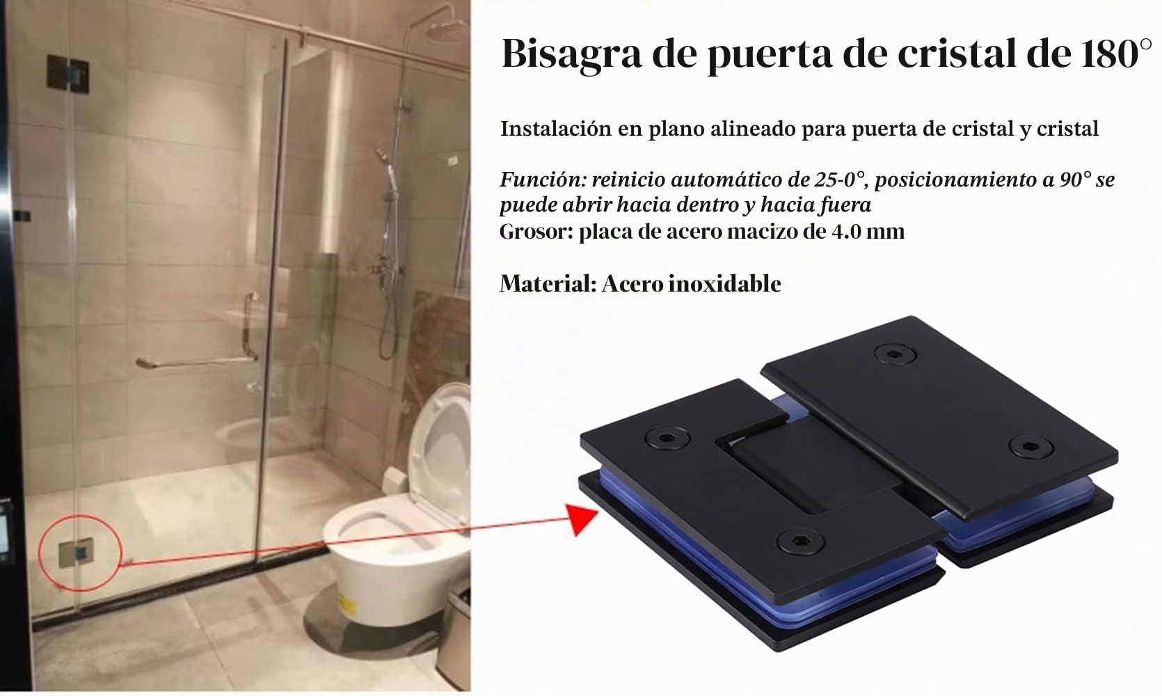 Bisagra de 180 grados para puerta DeDucha,accesorios de cristal de cristal | apertura y cierre, abrazadera de acero inoxidable 304, adecuado para de cristal de 6-12 mm soporte de pared sin marco clip