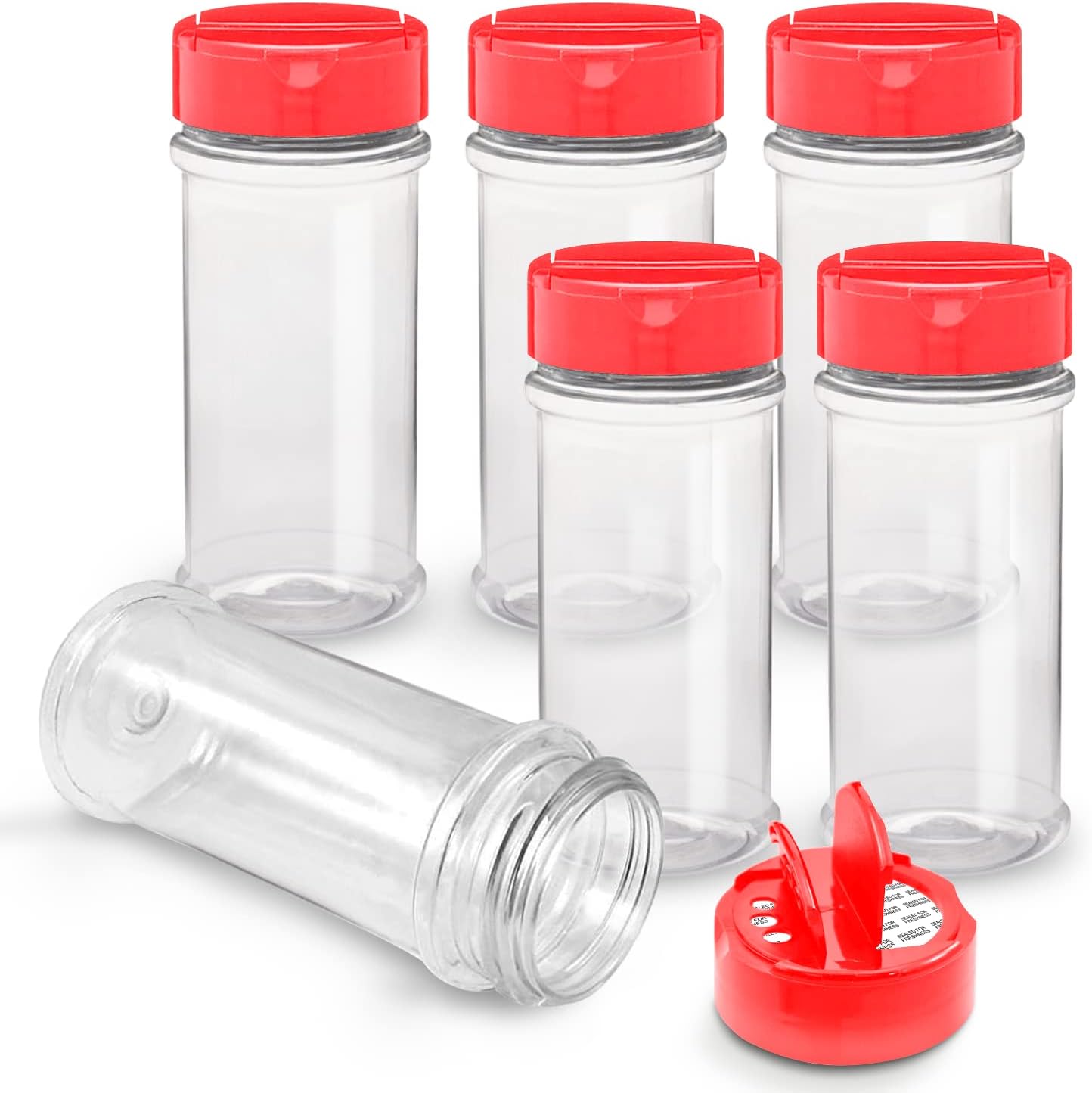RoyalHouse - 6 PACK - 5.5 Oz with Red Cap - Plastic Spice Jars Bottles Containers, Perfect for Storing Spice, Herbs and Powders, Lined Cap - Safe Plastic, PET - BPA free - Made in USA
