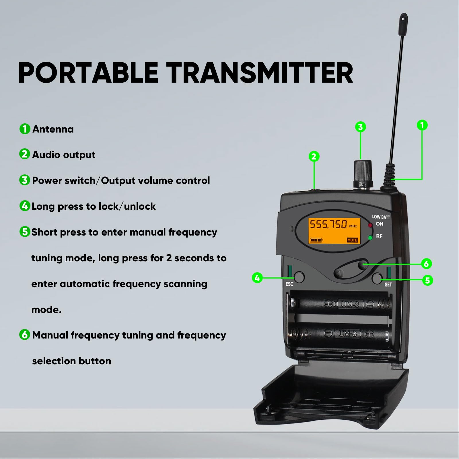 Kabelloses In-Ear-Monitorsystem, Stereo-Mono-IEM-System mit Metall-Rackmount-Sender, 4 Stück UHF-Bodypack-Empfänger mit Kopfhörern, 100 einstellbare Frequenzen, 80 m Reichweite für