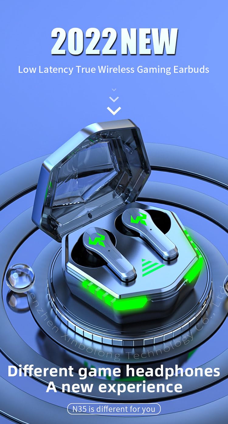 RG N35 TWS Gaming Earbuds and charging case with low latency feature highlighted