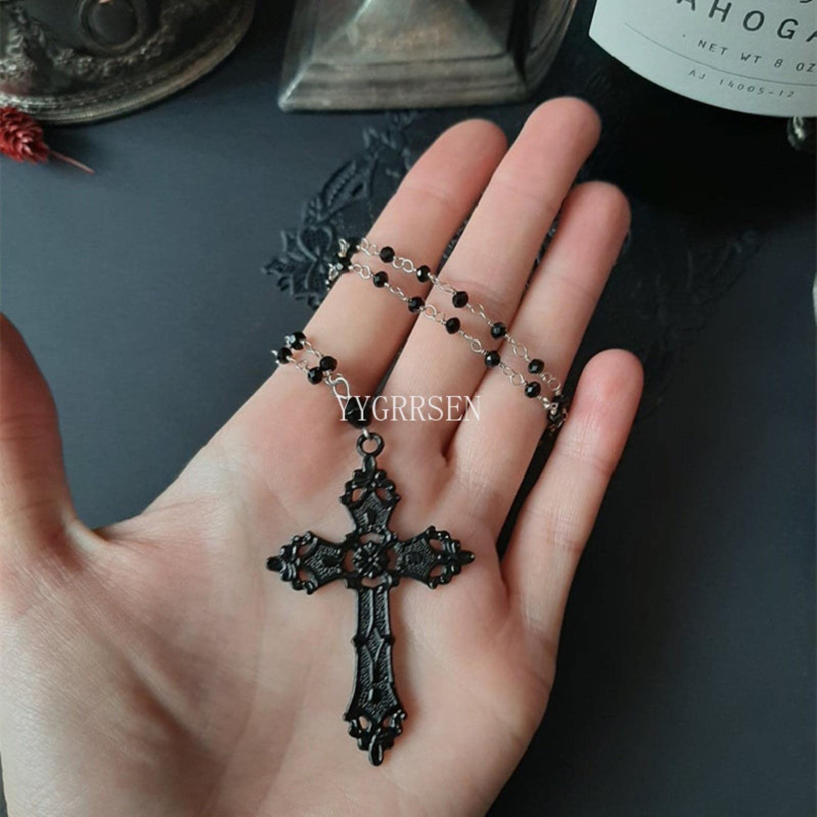 アクセサリー Vintage Black Rosary Necklace Black Hearted Love Upcycled Antique Gothic Rosary Necklace
