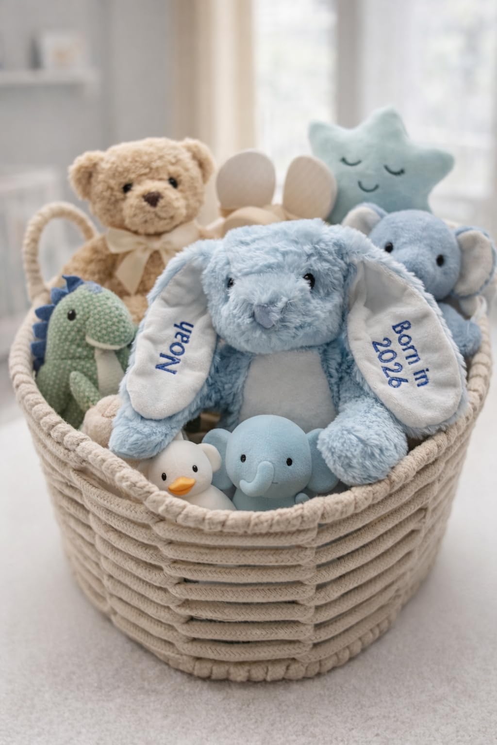 Close-up of the Lobeko Personalised Baby Bunny's ear, showcasing the custom embroidered name and date.