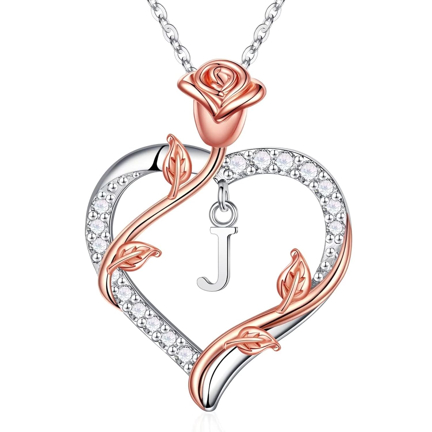 Iefil Rose Heart Necklaces Gifts for Women - 925 Sterling Silver Heart Initial Necklace Anniversary Birthday Gifts for