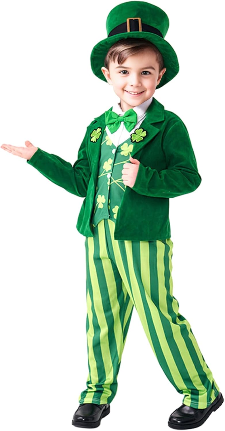 St Patricks Costume Kids 5 PCS,Full St Patricks Day Costumes Outfit for Boys Accessories with Hats Necklace