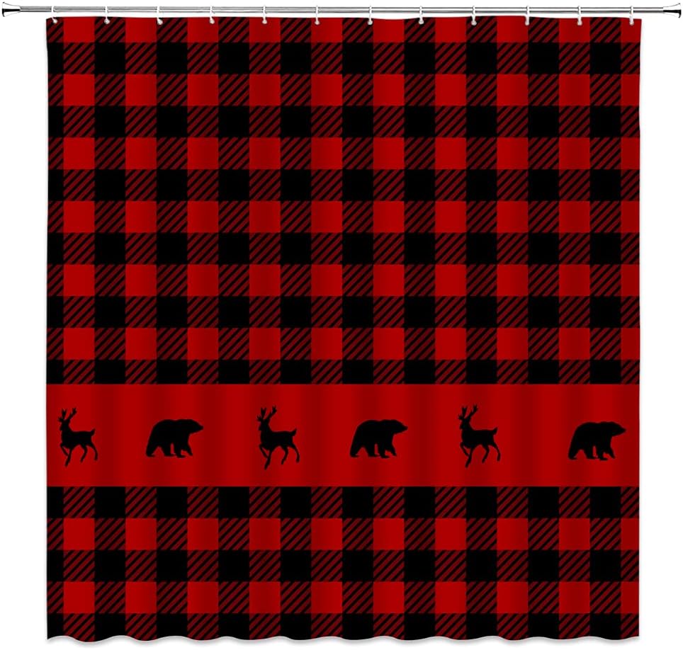 Rustic Deer Bear Shower Curtain Vintage Red Black Buffalo Plaid Wild Animal Black Bear Deer Elk Rustic Western Farmhouse Creative Fabric Bathroom Fabric Curtain with Hooks