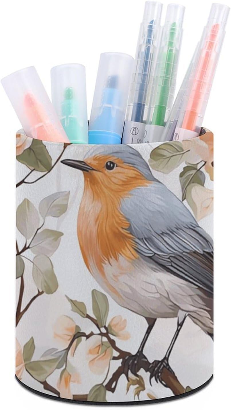 Office Floral Robin Bird Desk Organizer Pen Holder Round