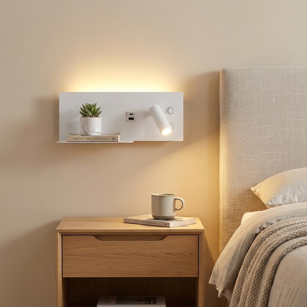 Alpinaluz Applique da Parete LED Bianco con Faretto Destro Orientabile per Camera da Letto Testiera, Luce Ambientale 2700K, Ricarica USB-C + USB-A, Mensola Metallica e Interruttori Indipendenti