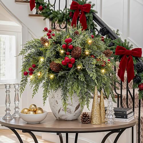 24 Piece Set: 12Pcs Christmas Cedar Branches with LED Lights, Red Berries - image 6