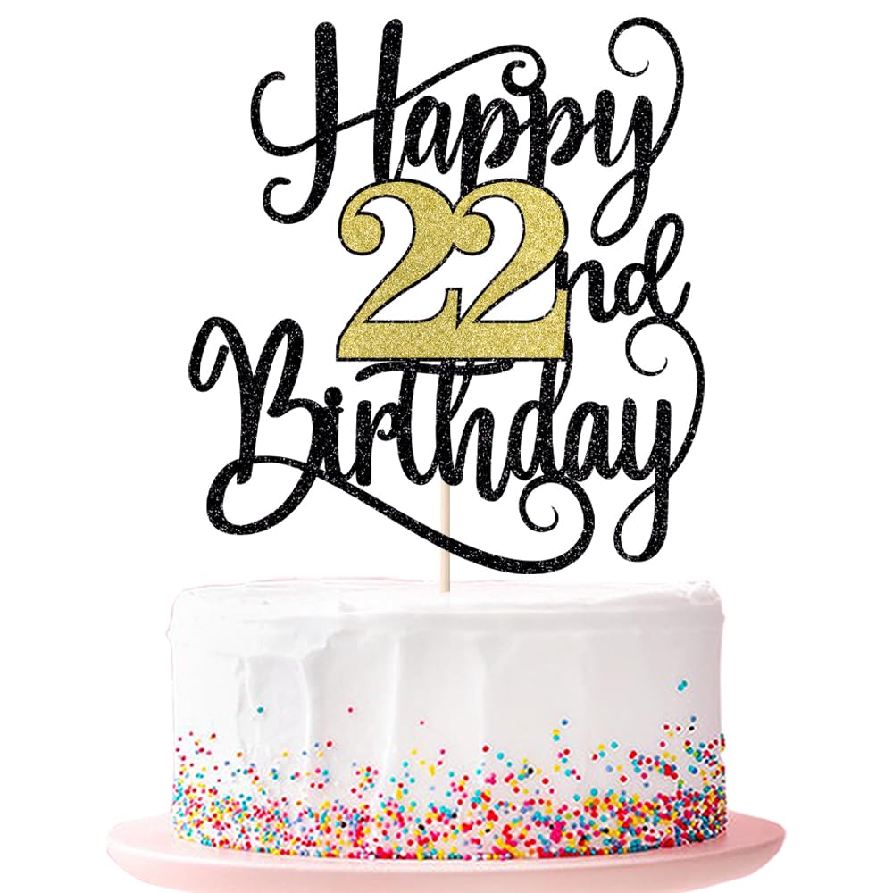 Ruscalin happy 22th birthday cake topperοΌ 22 birthday party cake decorations Black and gold flashes