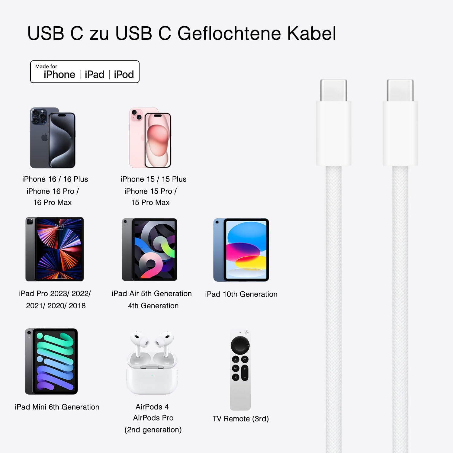 New Airpods 4 cavo di ricarica, cavo intrecciato da USB C a USB C per AirPods Pro (2a Gen) auricolari/Airpods 4/AirPods Max 2 (2024) Earbuds, iPhone 16 Pro Max/15 Type-C Woven cavo di ricarica