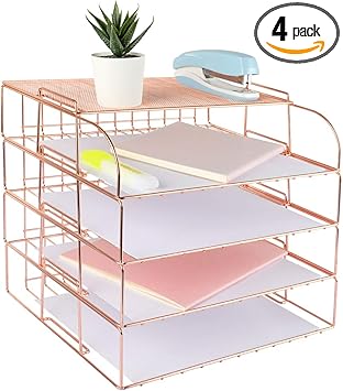 Spacrea Letter Tray, 4 Tier Rose Gold Desk Organizers and Accessories for Women, Stackable Paper File Organizer with 1 Upper Display Shelf (Rose Gold)