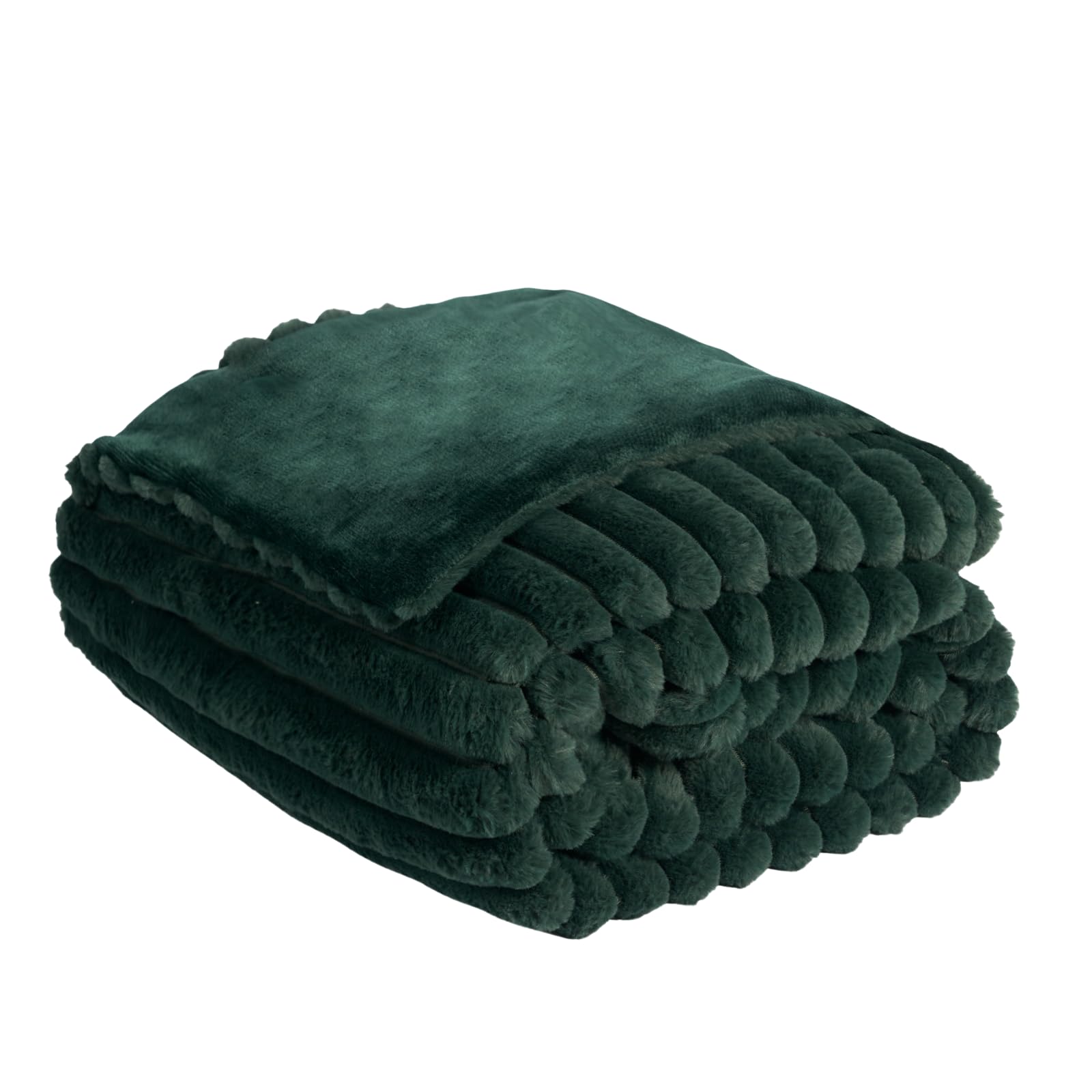 OHS Green Blanket Throw Faux Fur, Winter Warm Thick Ribbed Blanket for Bed Sofas Fleece Throws for Home Decorative Comfy Super Soft Couch Cover - Green Throw 125 x 150cm