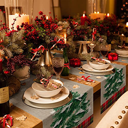 Custom Bed Usa Christmas Table Runner For Farmhouse Holiday Parties, Linen Burlap Table Runners Dresser Scarves Dining Table Home Decor 14X72Inch, Xmas Tree Snowflake Red Green Buffalo Plaid #TOP3