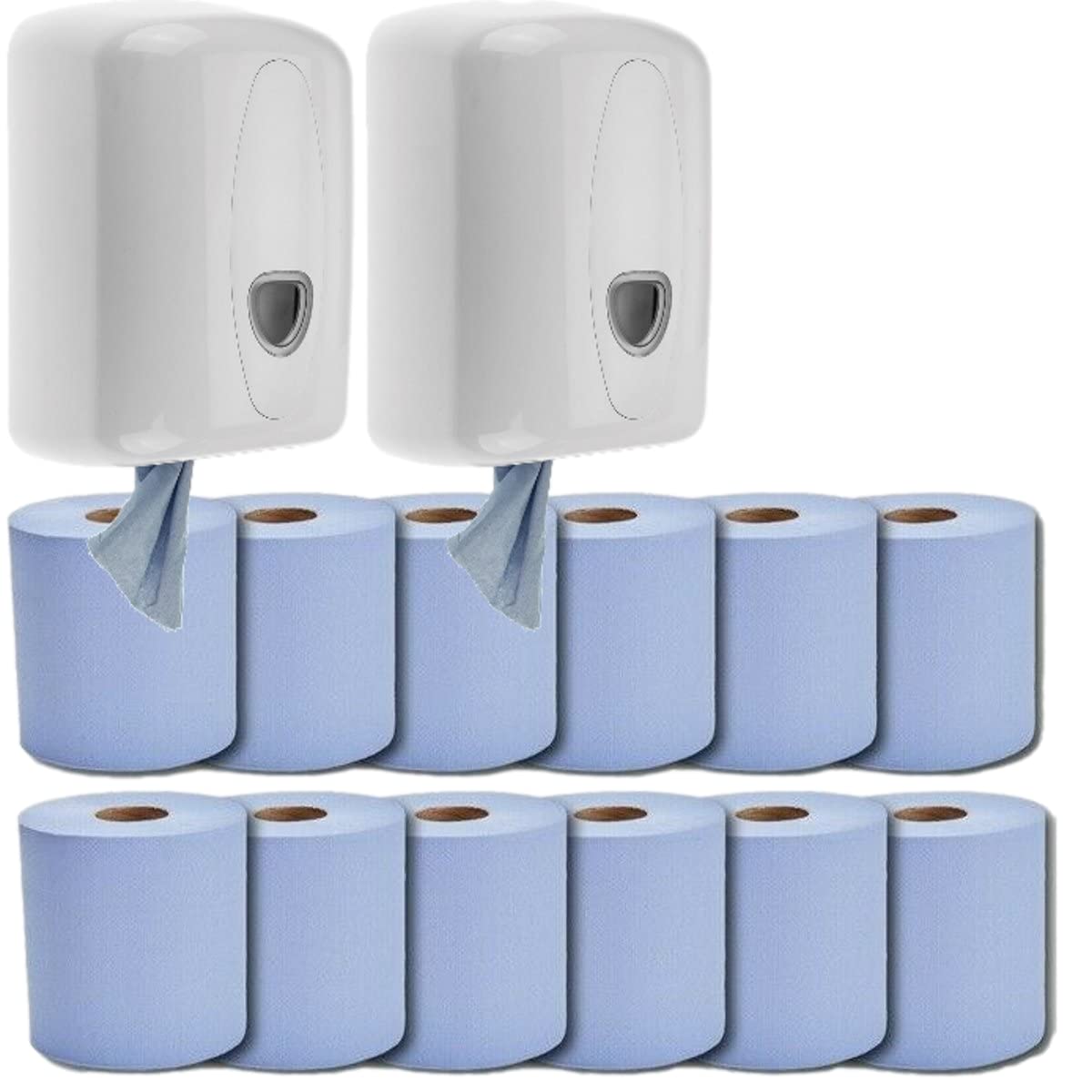 Phoenix 2 Blue Centerfeed Dispensers with 12 Rolls of Blue Center Feed Paper Towel Dispenser