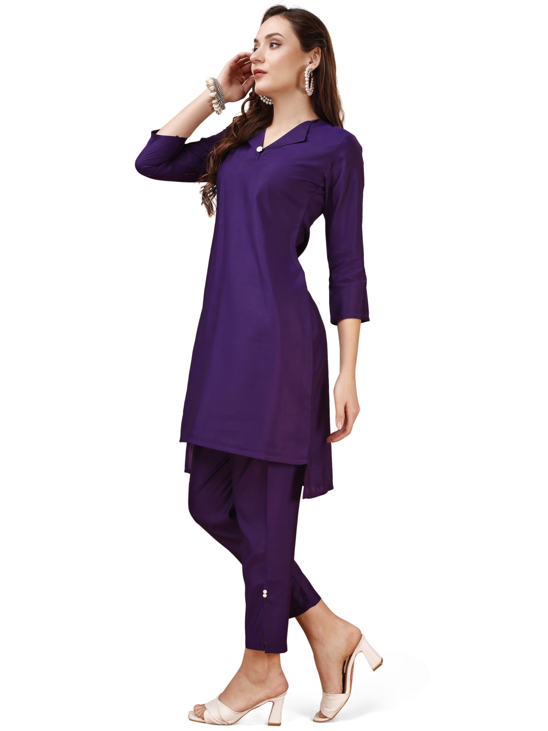 Womanista Blend Women's Purple Colour Chanderi Silk Fabric Tunic And Trouser Coord Set Ankle Length (Co-Ords_9029 2Xl)