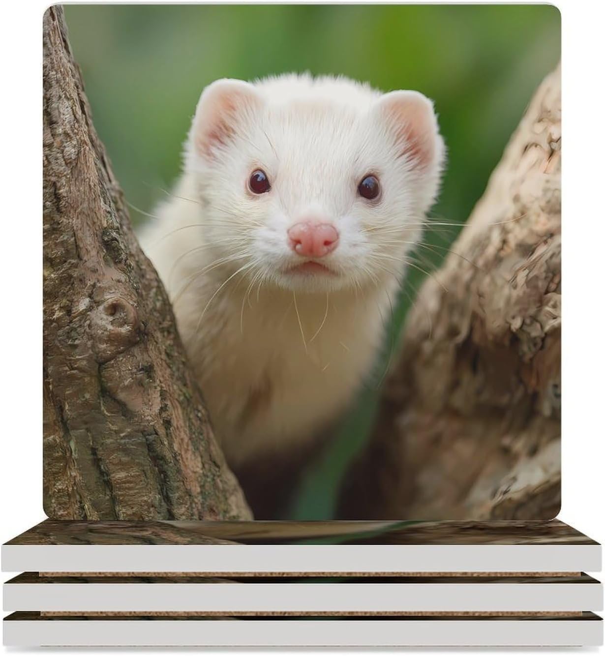 Animal Ferret Coaster for Drinks Square Ceramic Table Coasters Stone Mat Crafts 4PCS Home Kitchen Decor