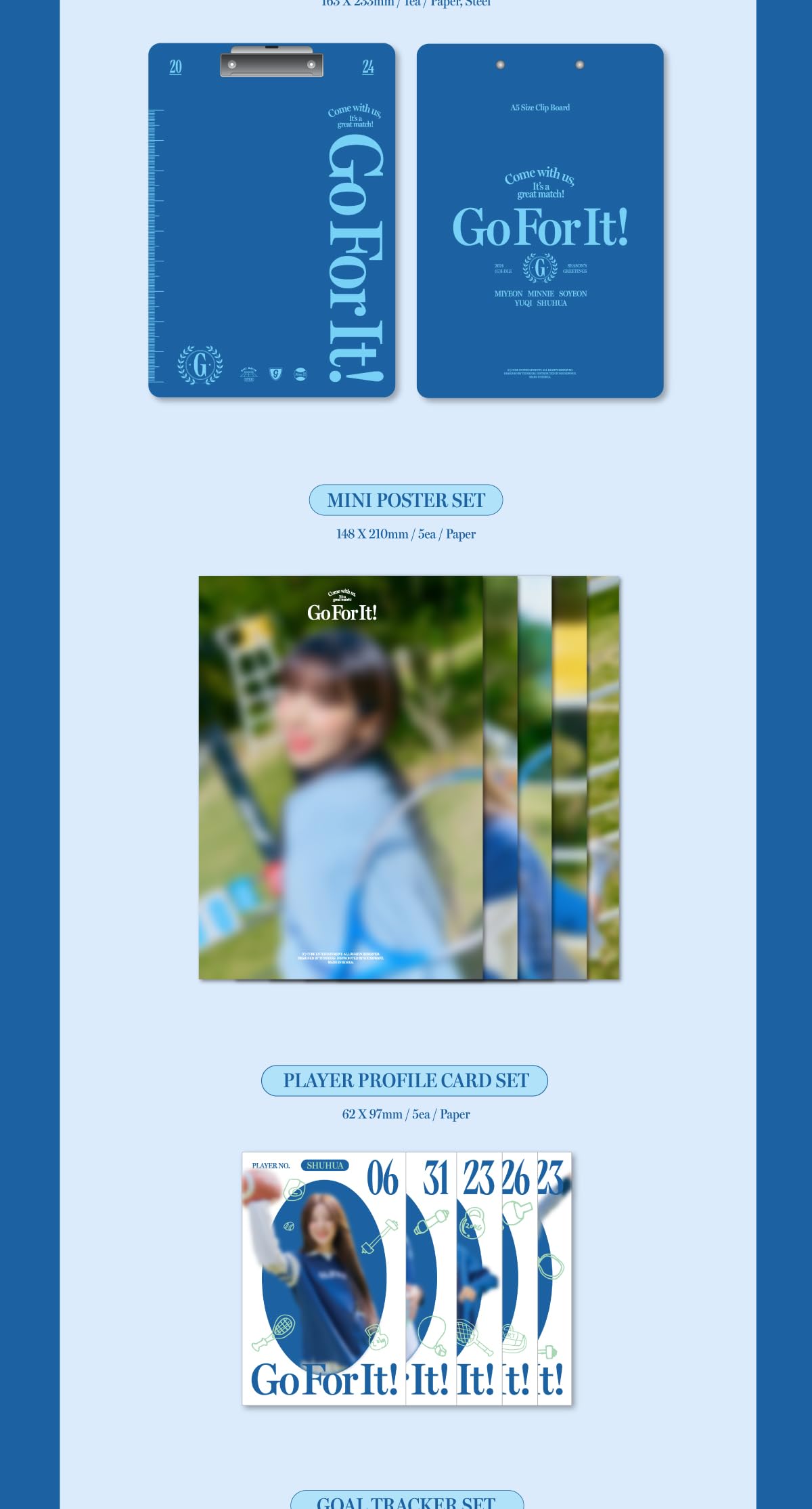 (G) I-DLE 2024 Seasons' Greetings Go For It! Opakowanie + kalendarz biurkowy + pamiętnik + fotokarta+uchwyt + tablica z klipsem + plakat + karta profilowa + tracker + opaska na nadgarstek + śledzenie
