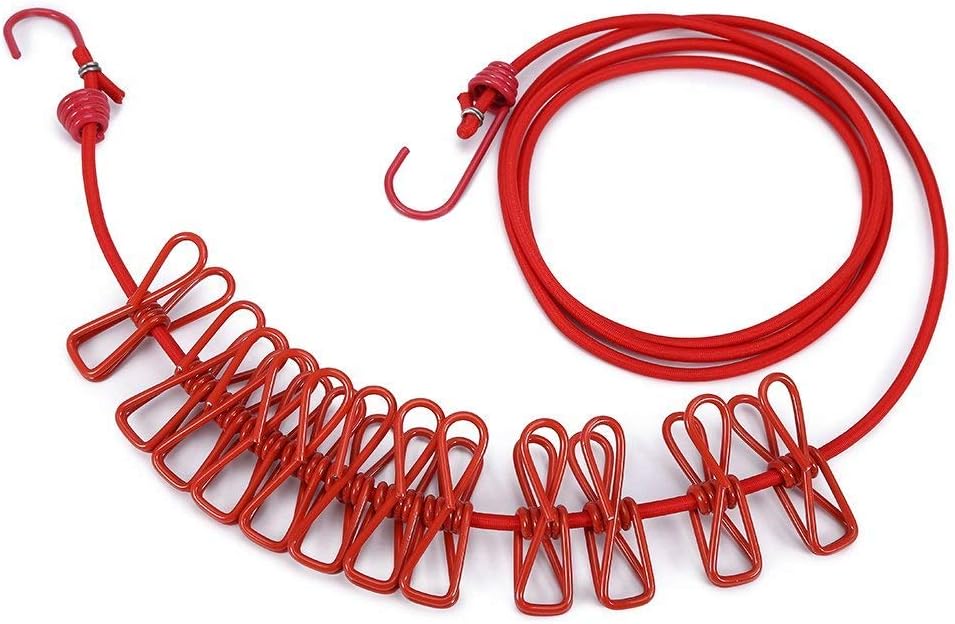 JGB Windproof Portable Elasticity Clothesline with 12pcs Clothespins and 12 clothes spacers for Outdoors Travel Home Use Gift Swimming (Portable red)