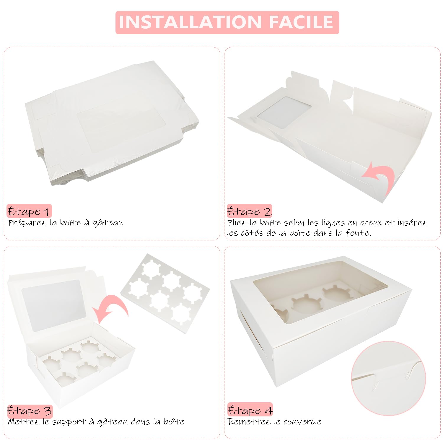 Lot De 50 Boîtes à Cupcakes Blanches Avec Fenêtre Pour Emballage De