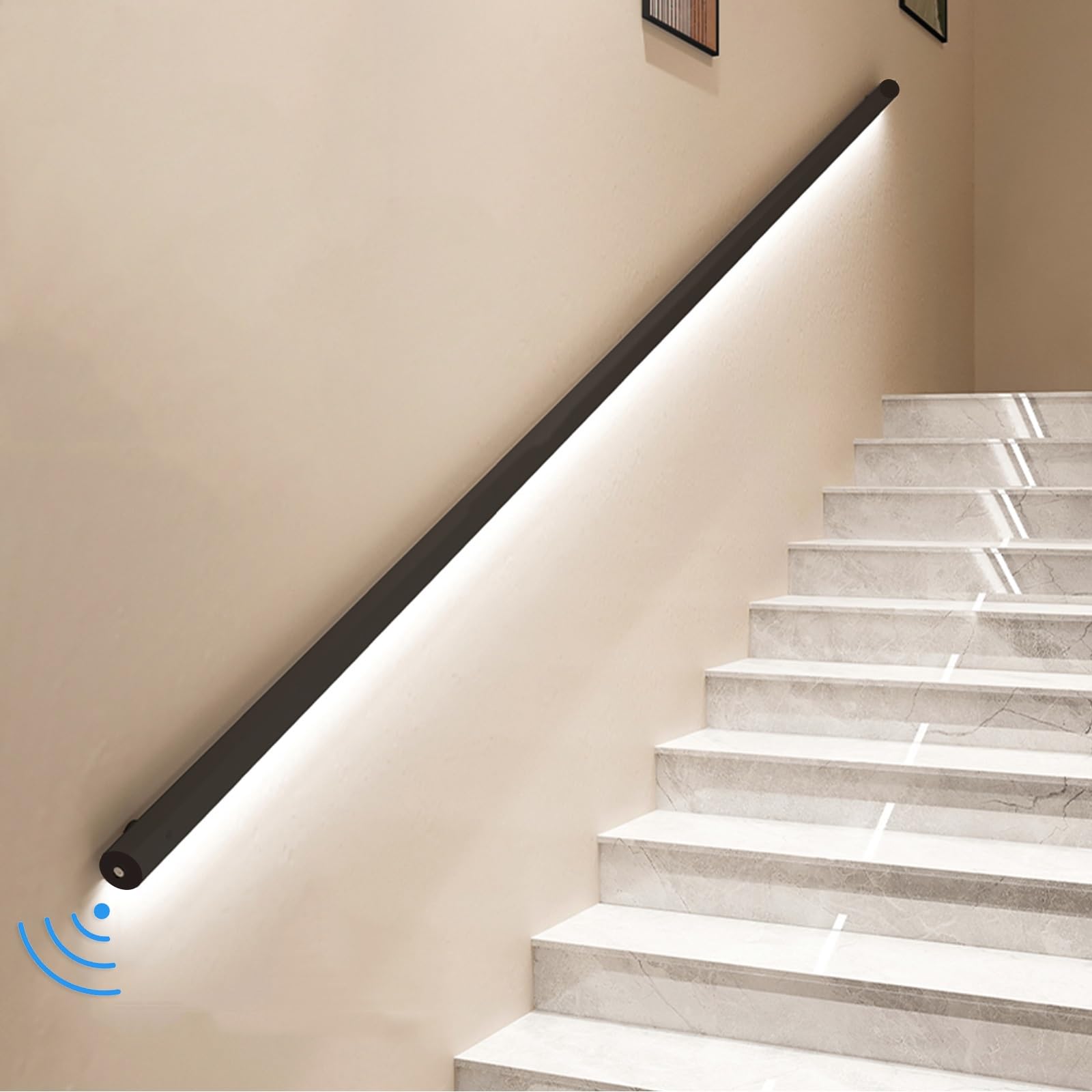Pasamanos de Escalera con Luz LED con Sensor de Movimiento, Pasamanos Montados en La Pared para Escalones Interiores, Pasamanos de Escalera con Luz LED, Negro(Size:Left-90 (230cm))