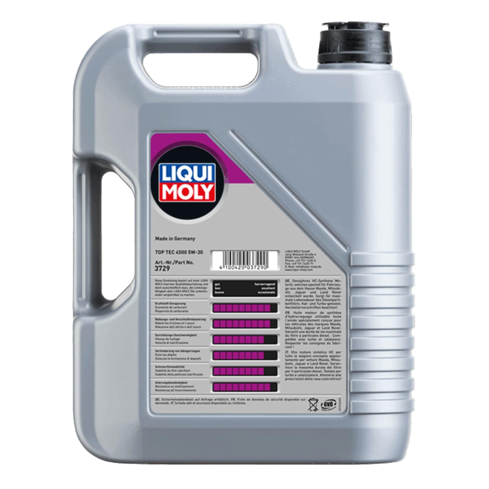 LIQUI MOLY Aceite de motor 5W-30 Top Tec ACEA C1 4500 5L Compatible con NISSAN Qashqai II J11, J11, KIA RIO III UB, CITROËN C1 PM, PN, PEUGEOT 107 Hatchback PM, PN, TOYOTA Yaris Hatchback P13 | 3729 / 2318, Top Tec 4500 5W-30