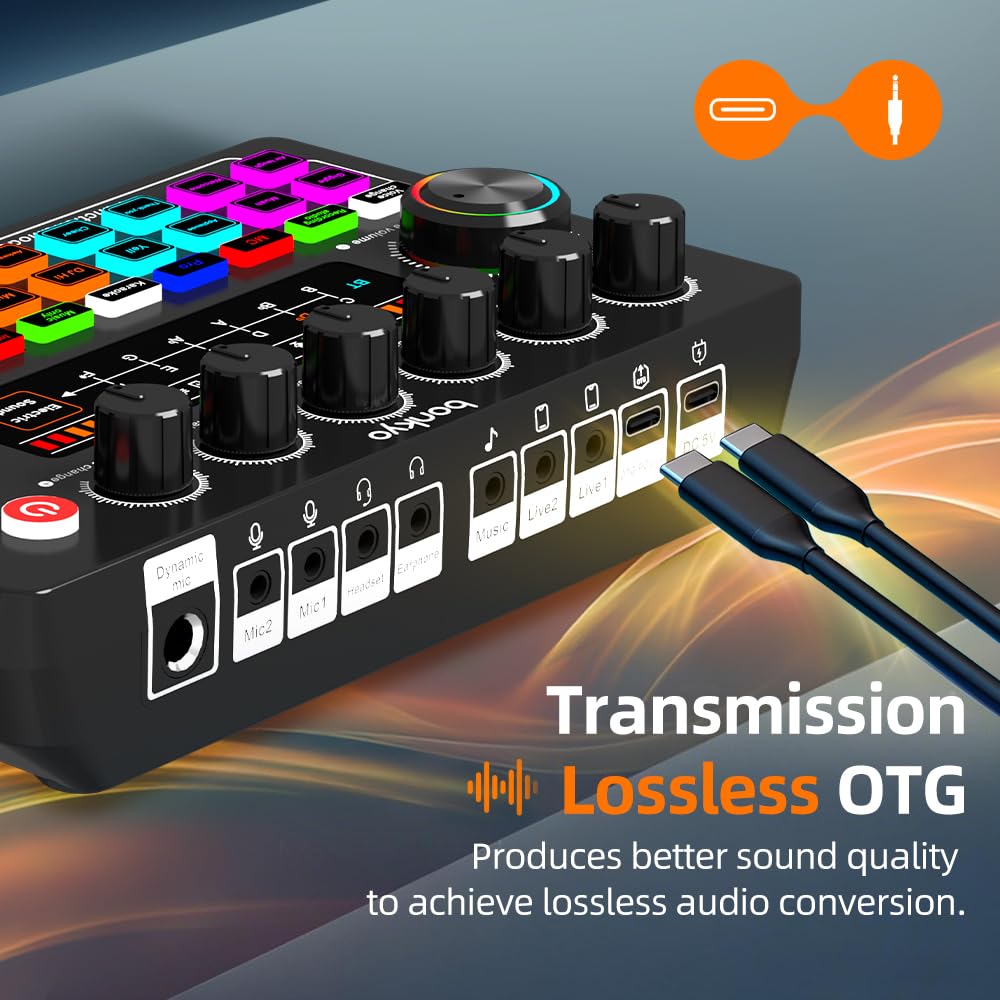 F999X Carte son en direct, mixeur audio professionnel et réduction du bruit, réglage électronique de la musique et affichage de la batterie, interface audio et changeur de voix, effets RVB, mixeur DJ