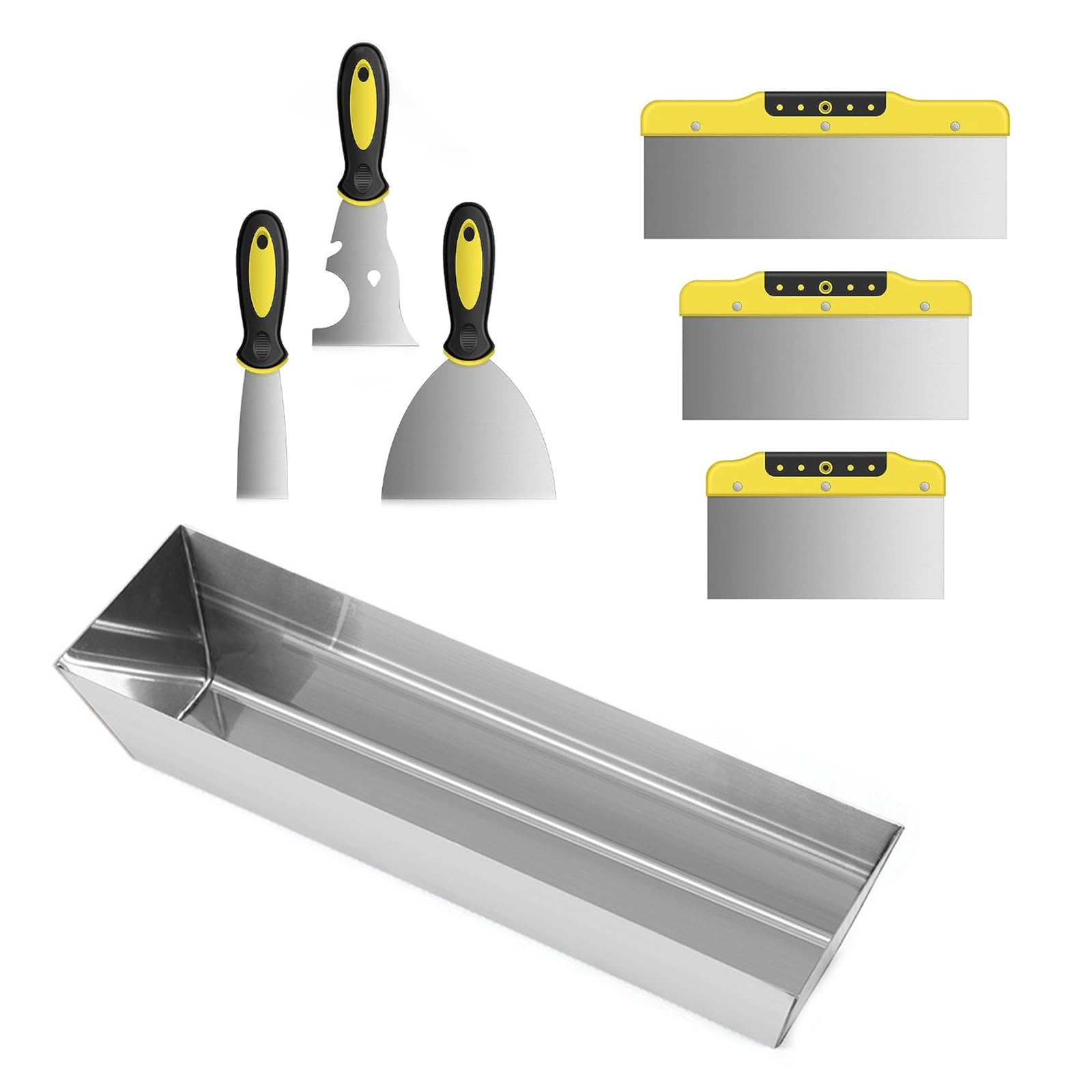 7 Stück Spachtel Set, Edelstahl Malerspachtel Set mit Kunststoffgriff und Spachtelkasten, Putty Messer Spachtel Set für Tapeten/Trockenbau/Gips Schaben