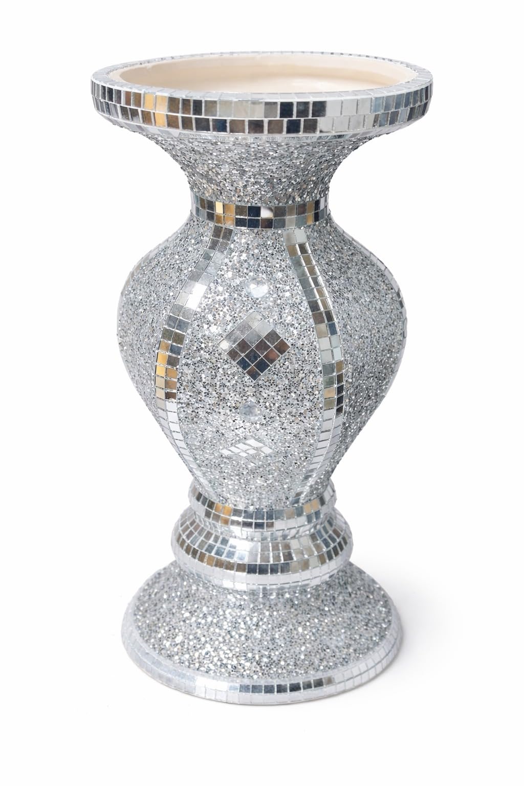 Shabjy Silver Crushed Diamond Sparkle Vase – 30Cm Tall Mirrored Floor Flower Pot, Handmade Crystal Mosaic Ceramic Design, Elegant Bling Ornament For Home Decor, Table Centerpiece, Gift