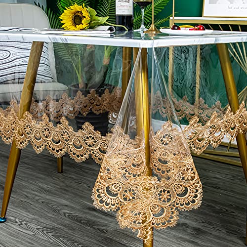 Jeloris Plastic Clear Rectangle Tablecloth Vinyl PVC Waterproof Tablecloth Embroidered Lace Edge Transparent Table Cover for Kitchen Dining Coffee Table (43x62 inch, Brown) by Jeloris - Used condition - US$14.24