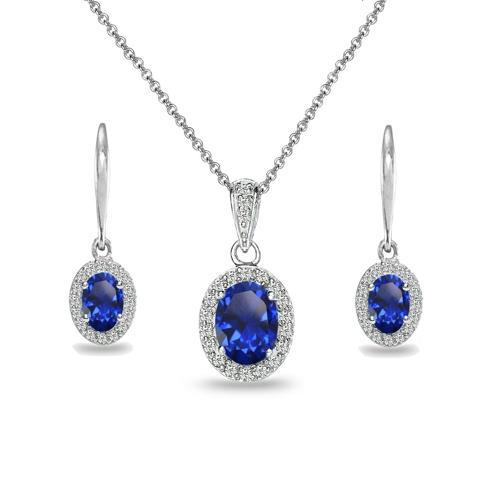 B. BRILLIANTSterling Silver Genuine, Created or Simulated OvalGemstone Halo Dangle Earrings & Necklace Jewelry Set for Women Bridemaids with Gift Box